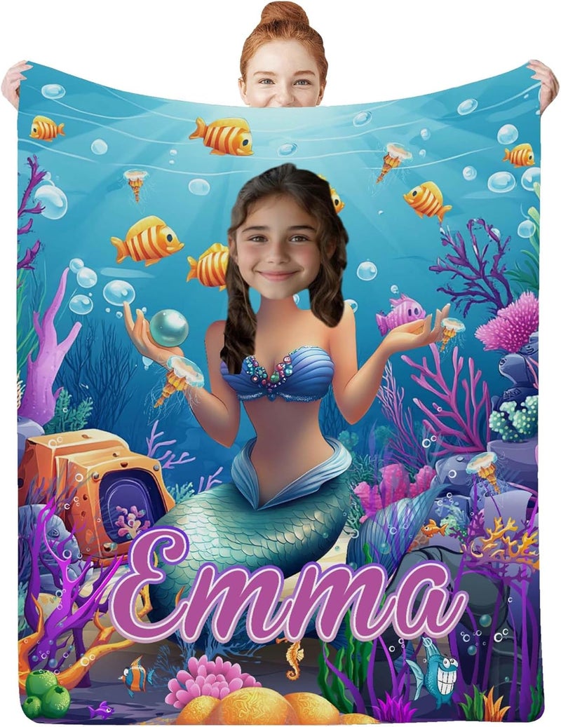 Artsadd Mermaid Gifts for Girls Women, Personalized Mermaid Blanket with Photo and Name for Kids Adults, Custom Photo Blankets for Baby Infant Newborn Toddlers Christmas Birthday Shower Gifts - Image 1